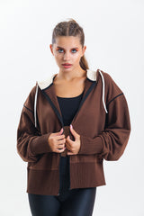 Kahverengi Kapüşonlu %100 Pamuklu Fermuarlı Oversize Hırka