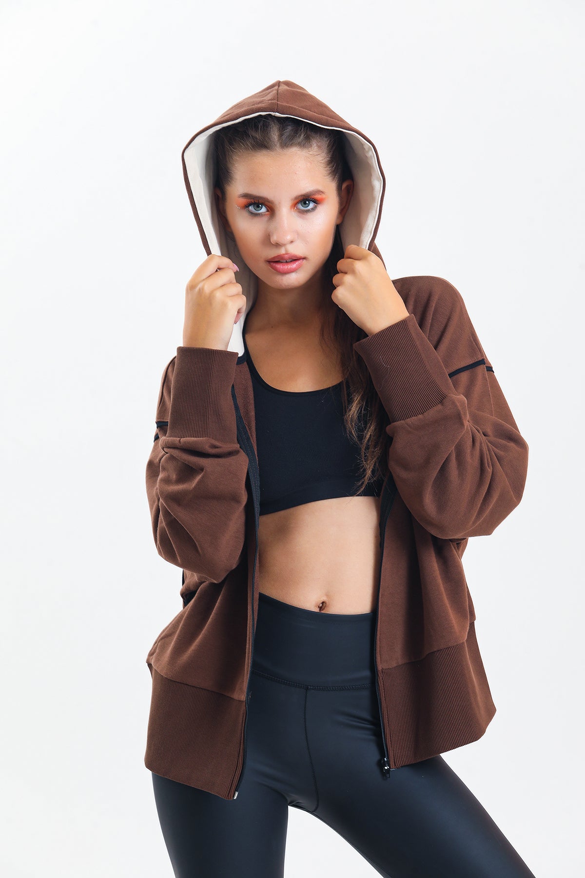 Kahverengi Kapüşonlu %100 Pamuklu Fermuarlı Oversize Hırka