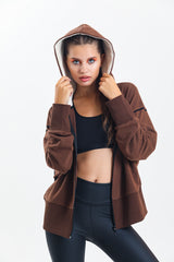 Kahverengi Kapüşonlu %100 Pamuklu Fermuarlı Oversize Hırka