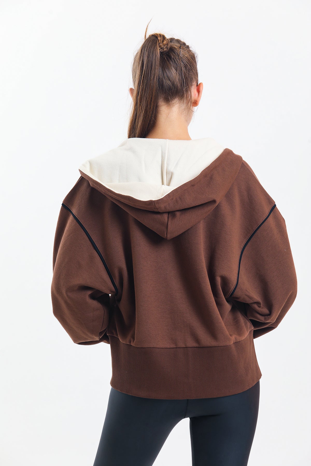 Kahverengi Kapüşonlu %100 Pamuklu Fermuarlı Oversize Hırka