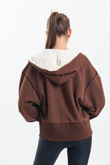 Kahverengi Kapüşonlu %100 Pamuklu Fermuarlı Oversize Hırka