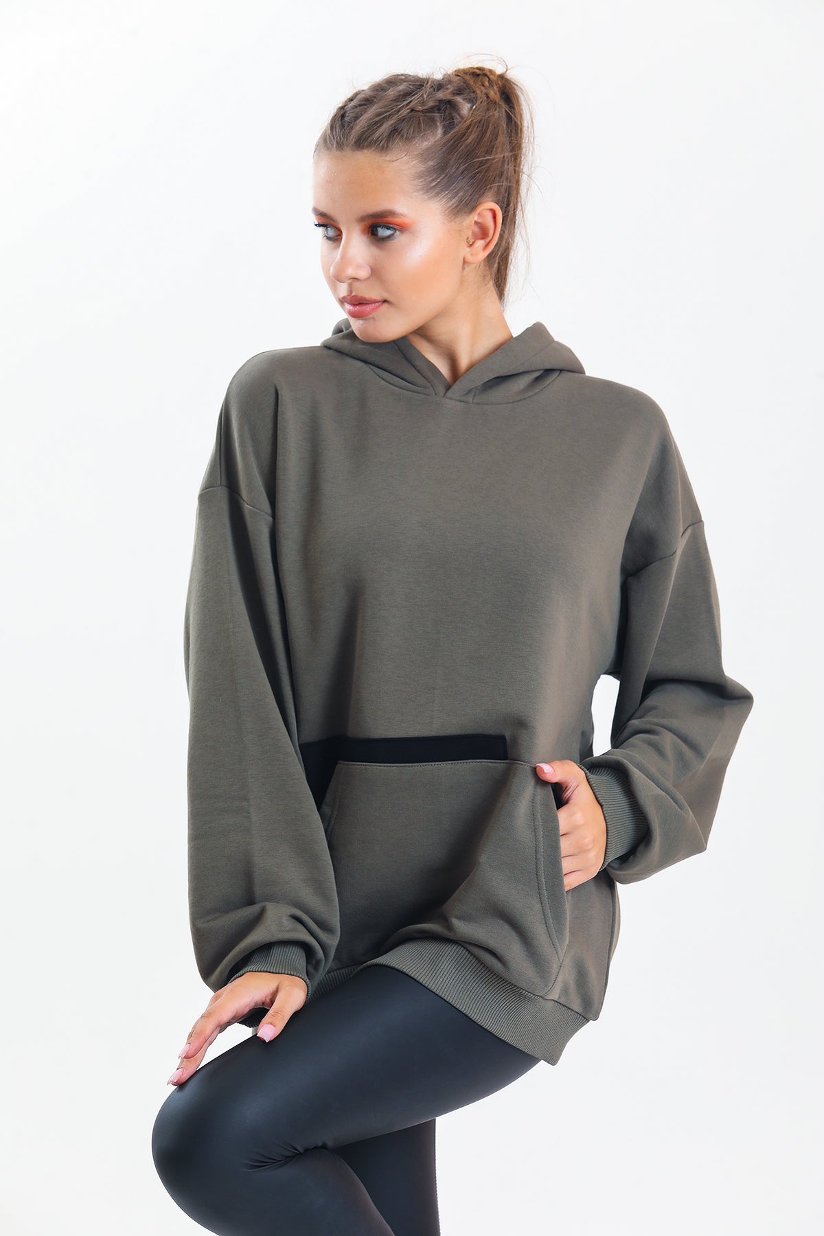 Haki Kapüşonlu Çift Kanguru Cepli Oversize Sweatshirt
