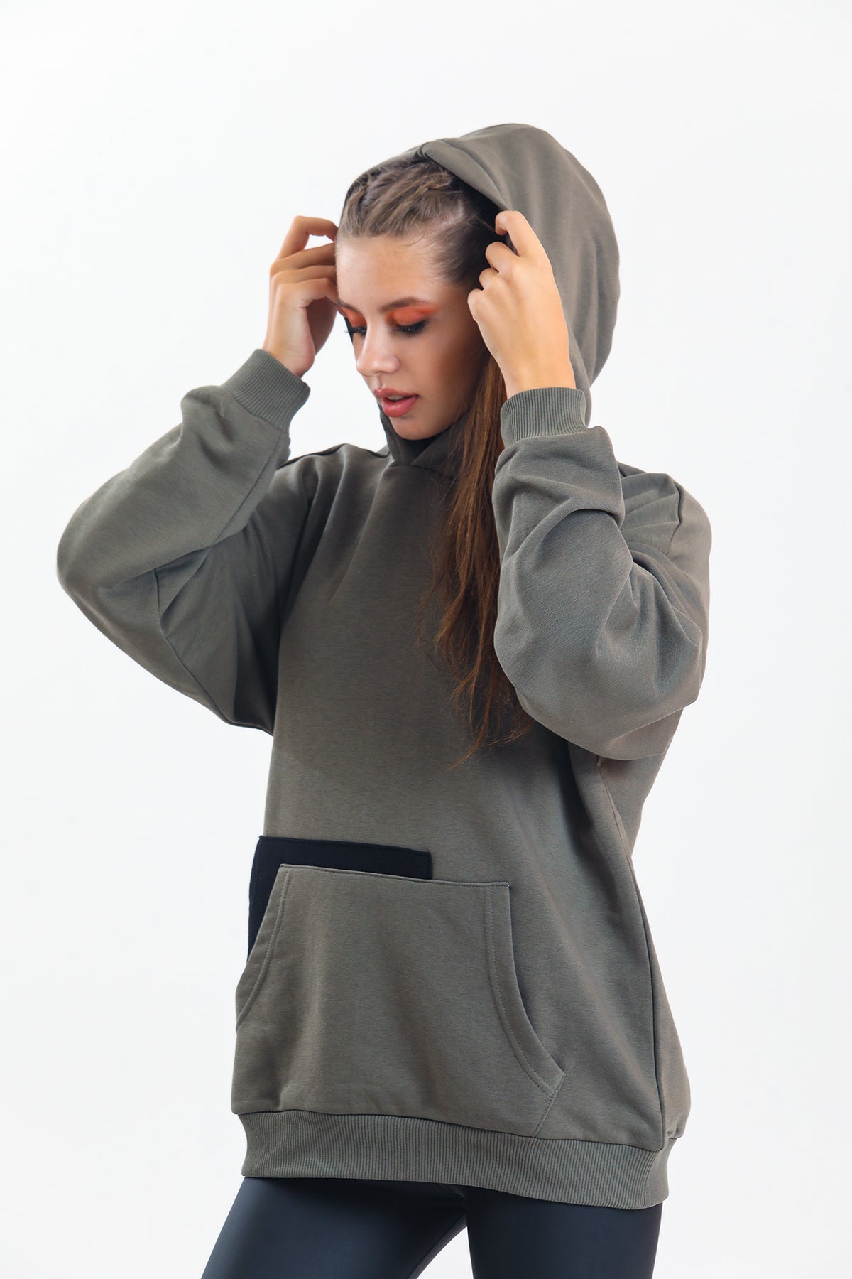 Haki Kapüşonlu Çift Kanguru Cepli Oversize Sweatshirt