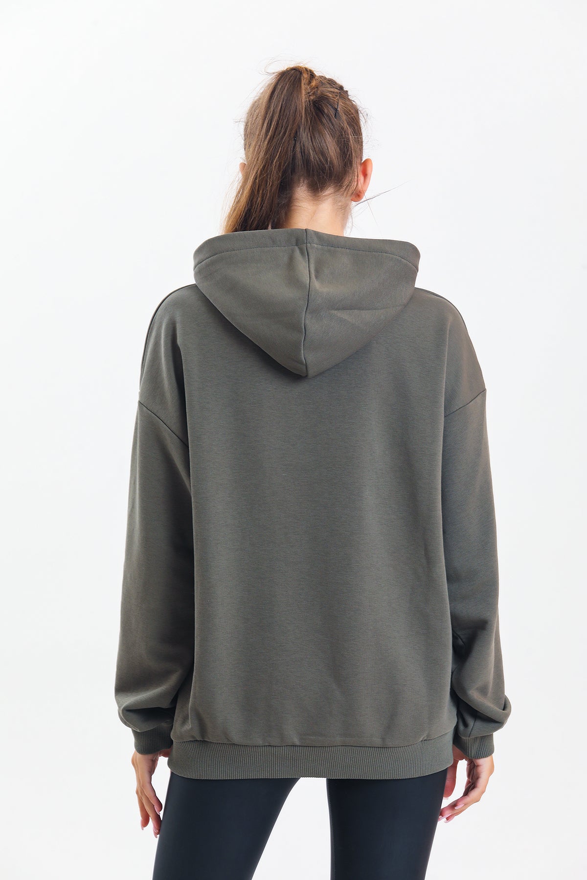Haki Kapüşonlu Çift Kanguru Cepli Oversize Sweatshirt