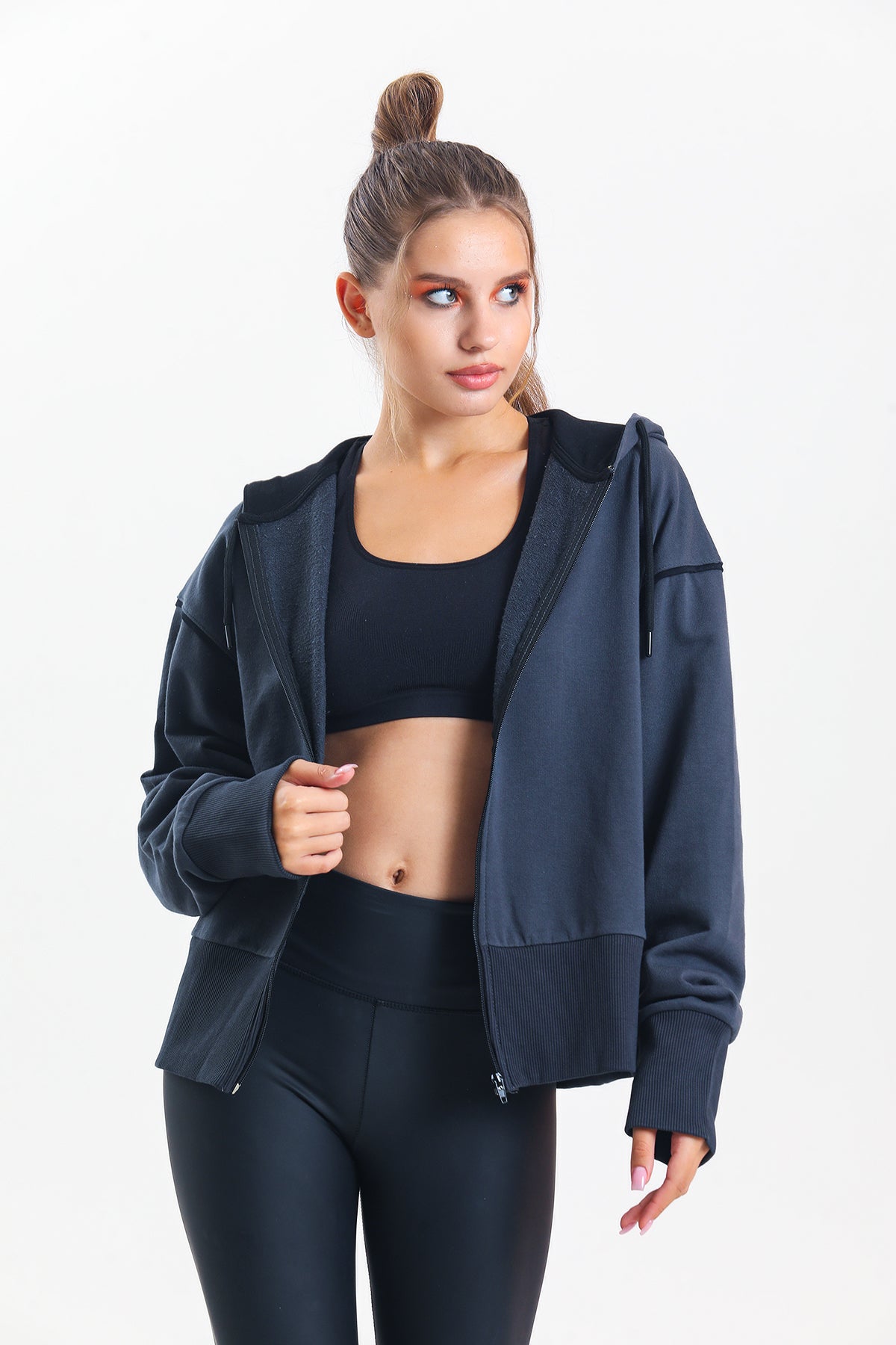 Antrasit Kapüşonlu %100 Pamuklu Fermuarlı Oversize Hırka