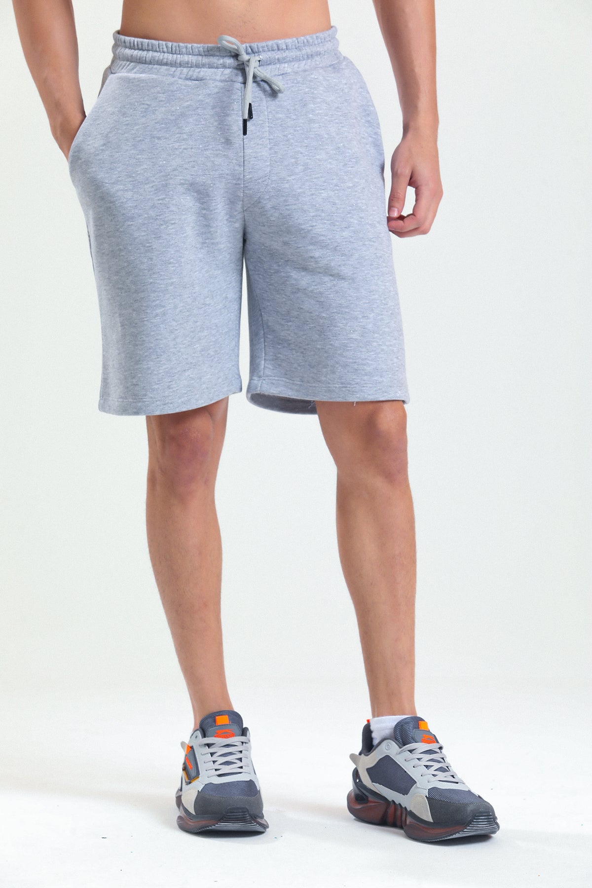 Gri Melanj Normal Kesim Cepli Pamuklu Örme Sweat Şort