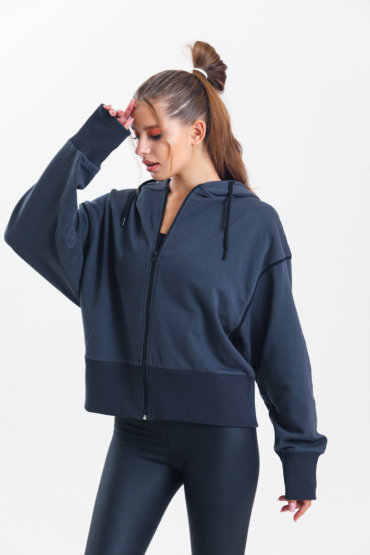 Antrasit Kapüşonlu %100 Pamuklu Fermuarlı Oversize Hırka