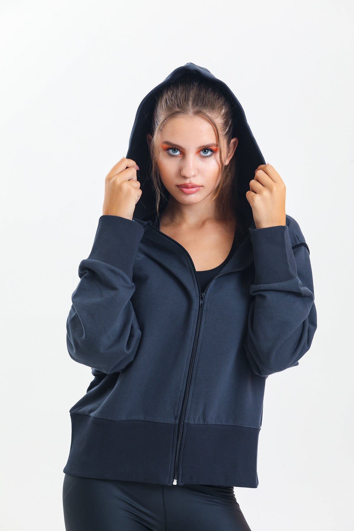 Antrasit Kapüşonlu %100 Pamuklu Fermuarlı Oversize Hırka