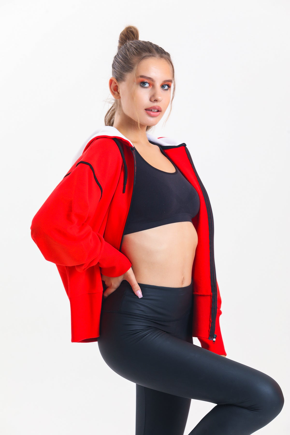 Kırmızı Kapüşonlu %100 Pamuklu Fermuarlı Oversize Hırka