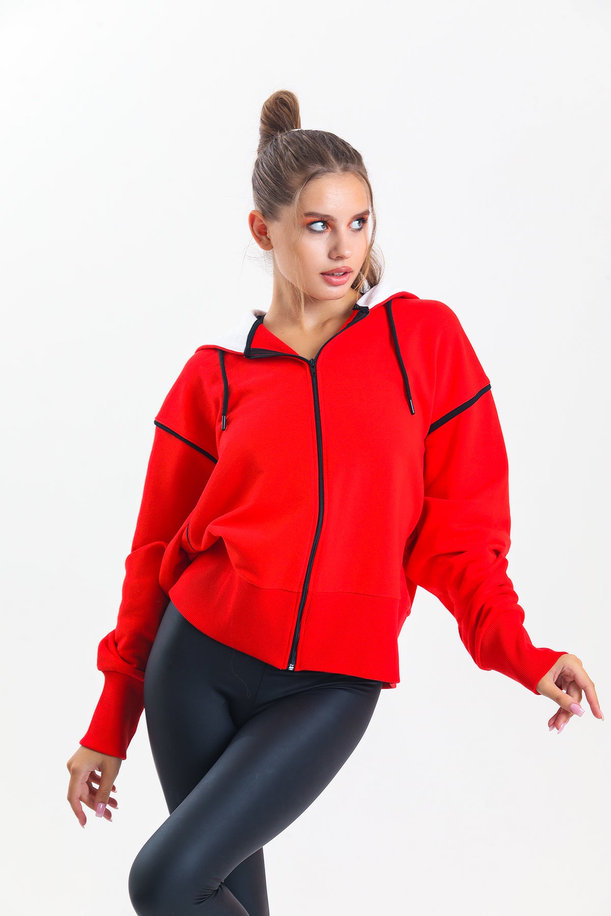 Kırmızı Kapüşonlu %100 Pamuklu Fermuarlı Oversize Hırka