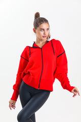 Kırmızı Kapüşonlu %100 Pamuklu Fermuarlı Oversize Hırka