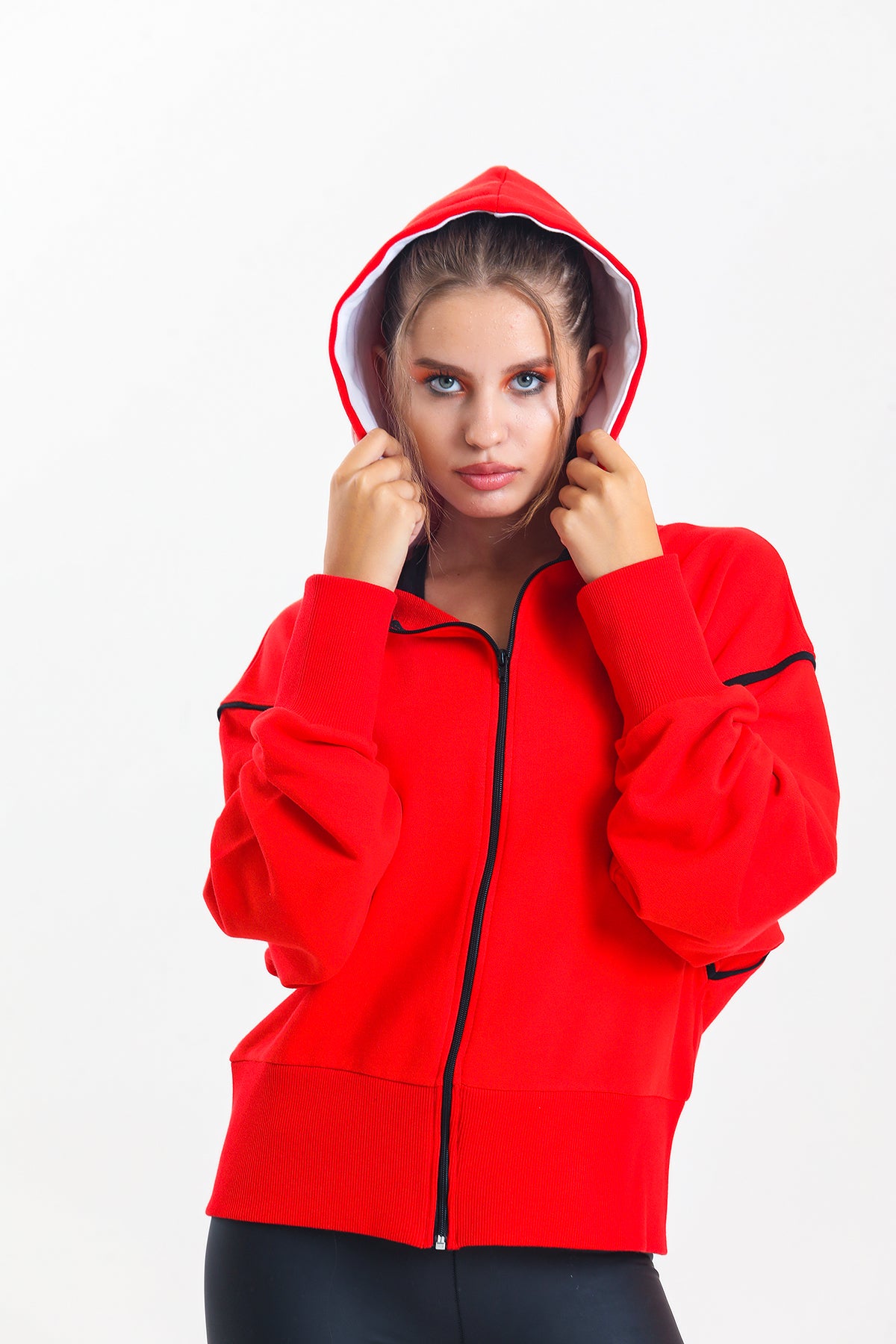 Kırmızı Kapüşonlu %100 Pamuklu Fermuarlı Oversize Hırka