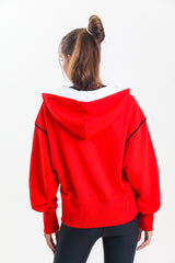 Kırmızı Kapüşonlu %100 Pamuklu Fermuarlı Oversize Hırka