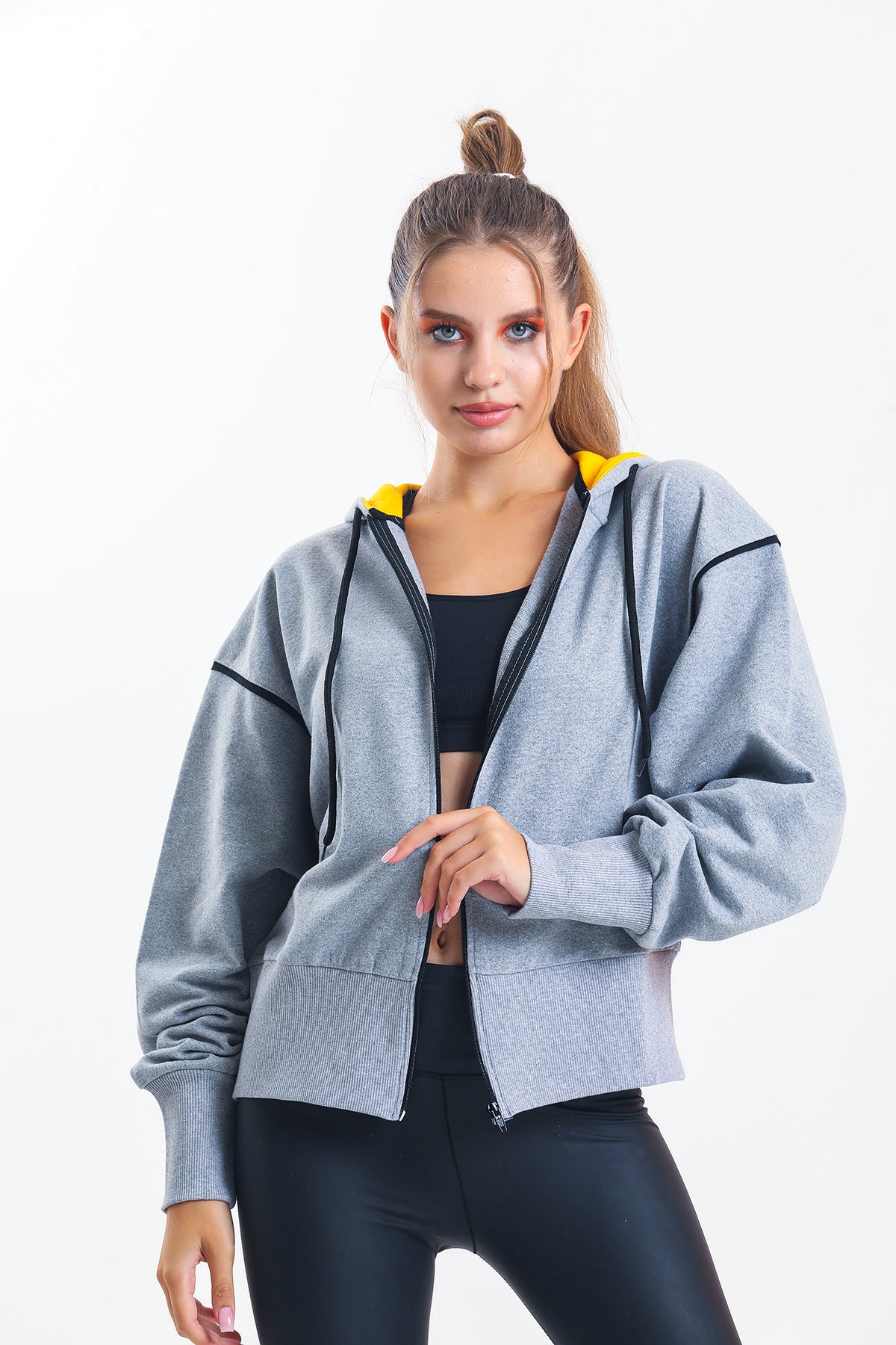 Gri Melanj Kapüşonlu %100 Pamuklu Fermuarlı Oversize Hırka