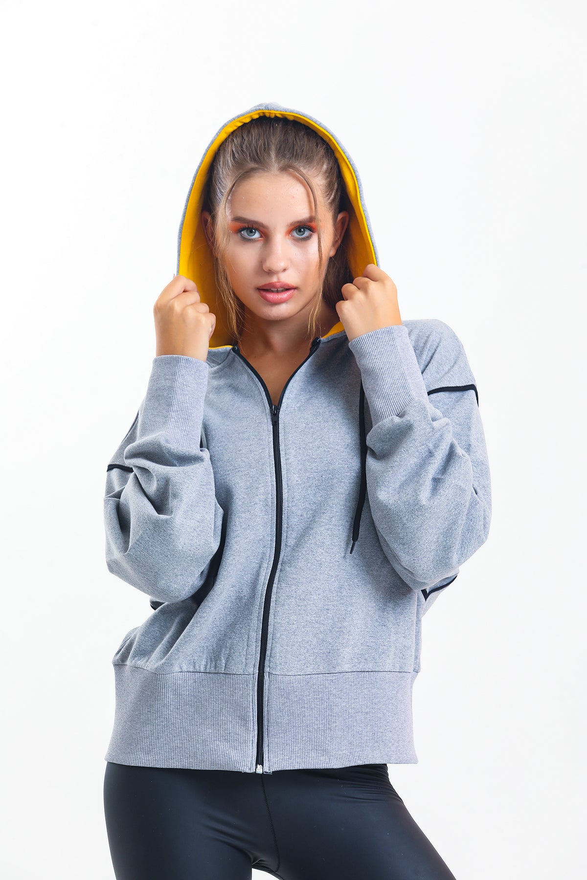 Gri Melanj Kapüşonlu %100 Pamuklu Fermuarlı Oversize Hırka