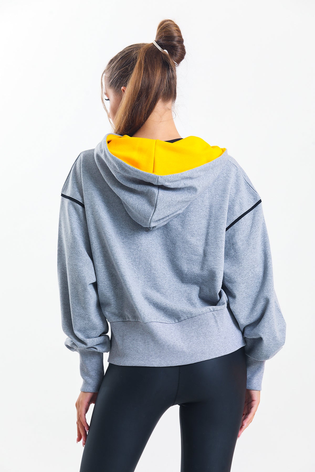 Gri Melanj Kapüşonlu %100 Pamuklu Fermuarlı Oversize Hırka