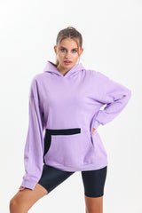 Lila Kapüşonlu Çift Kanguru Cepli Oversize Sweatshirt