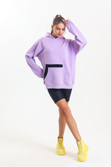 Lila Kapüşonlu Çift Kanguru Cepli Oversize Sweatshirt