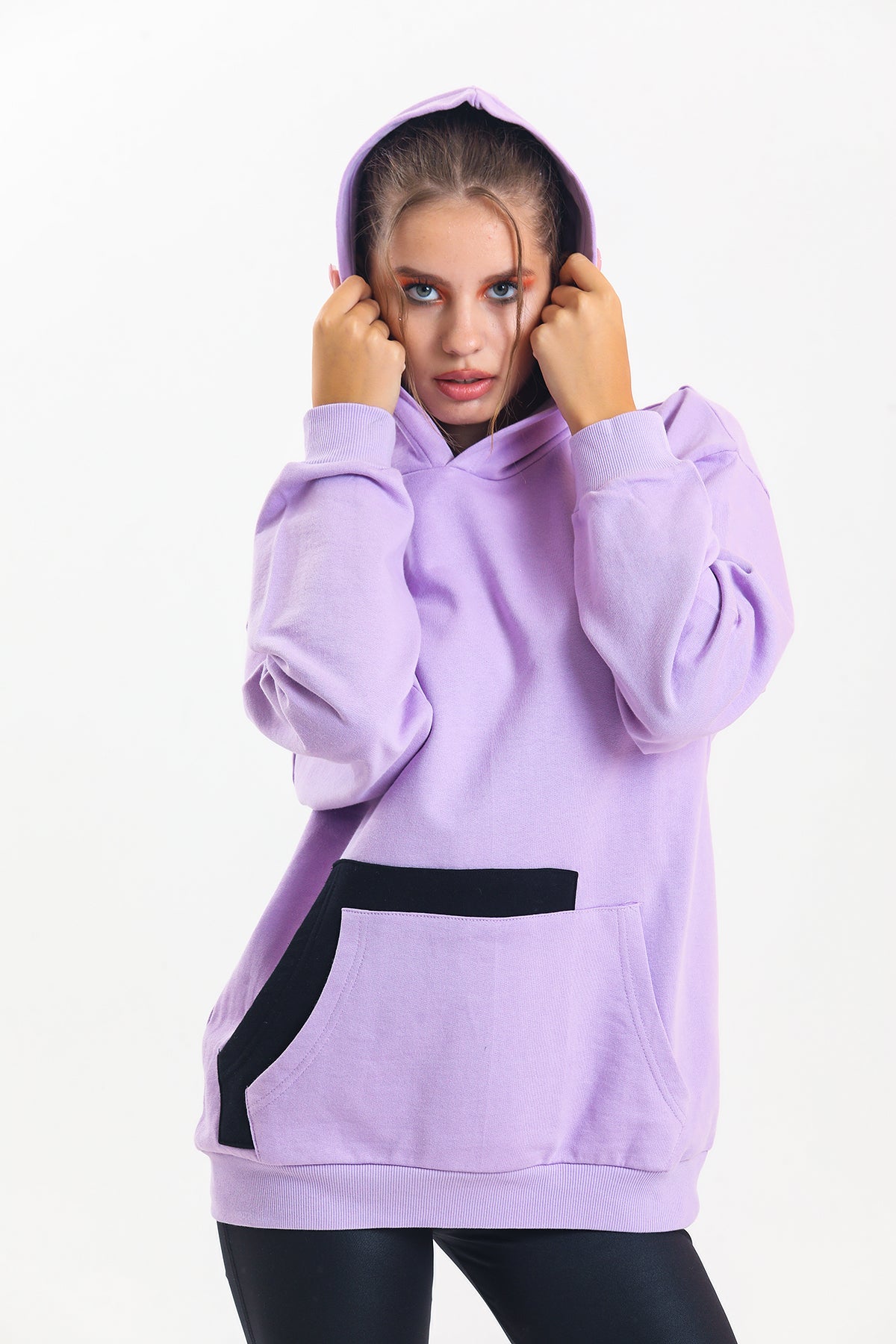 Lila Kapüşonlu Çift Kanguru Cepli Oversize Sweatshirt