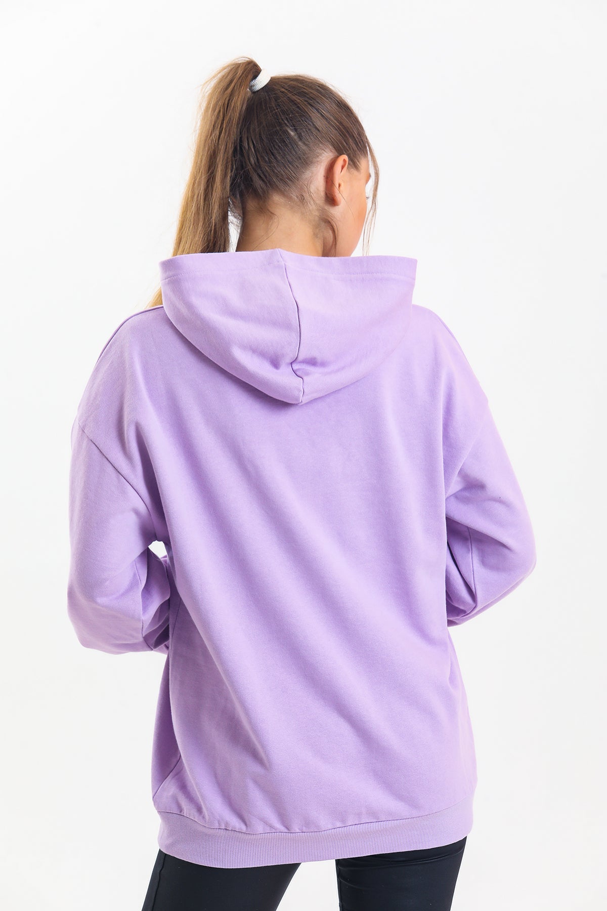 Lila Kapüşonlu Çift Kanguru Cepli Oversize Sweatshirt