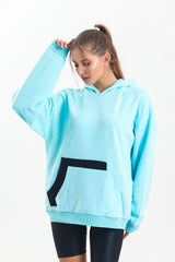 Su Yeşili Kapüşonlu Çift Kanguru Cepli Oversize Sweatshirt