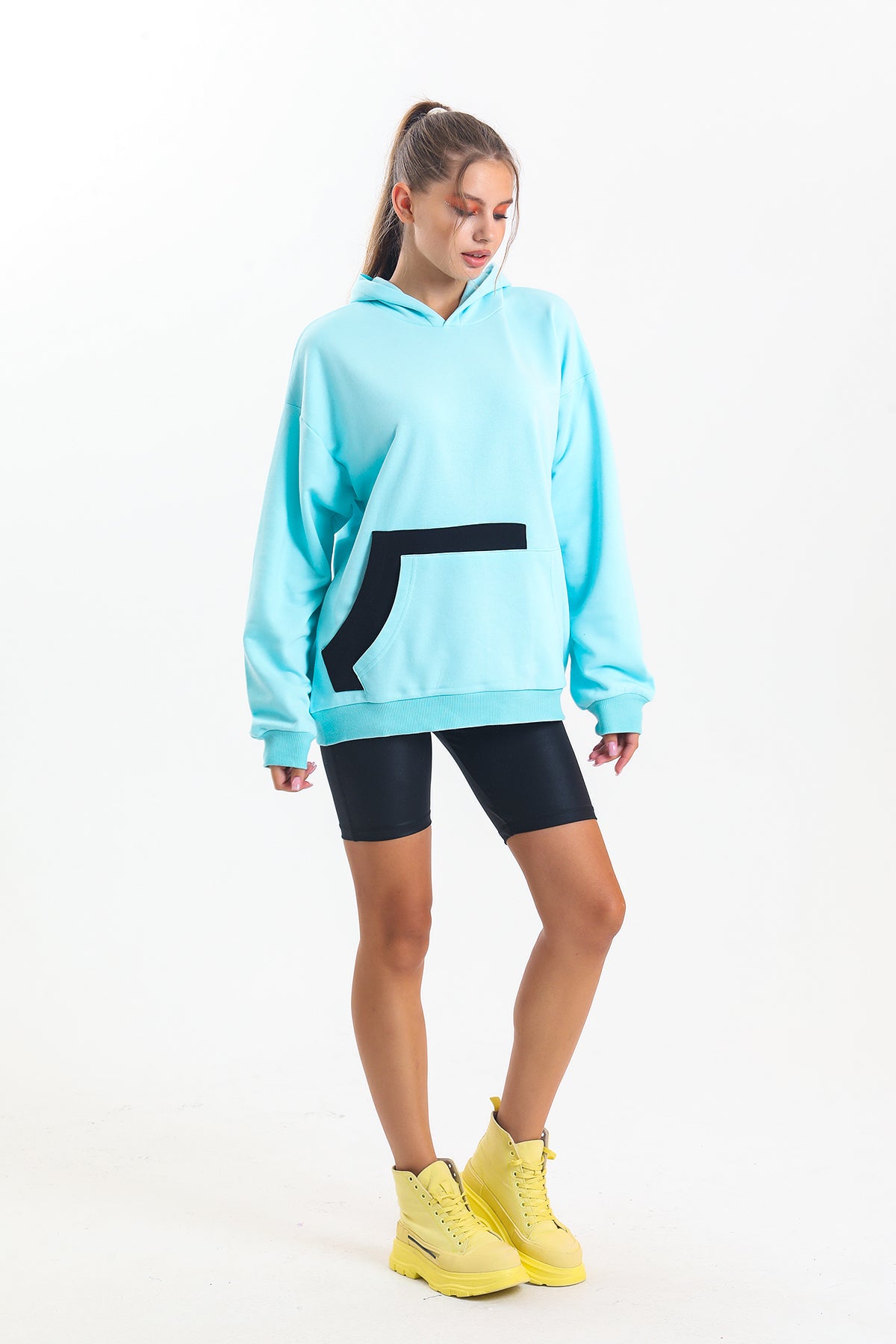 Su Yeşili Kapüşonlu Çift Kanguru Cepli Oversize Sweatshirt