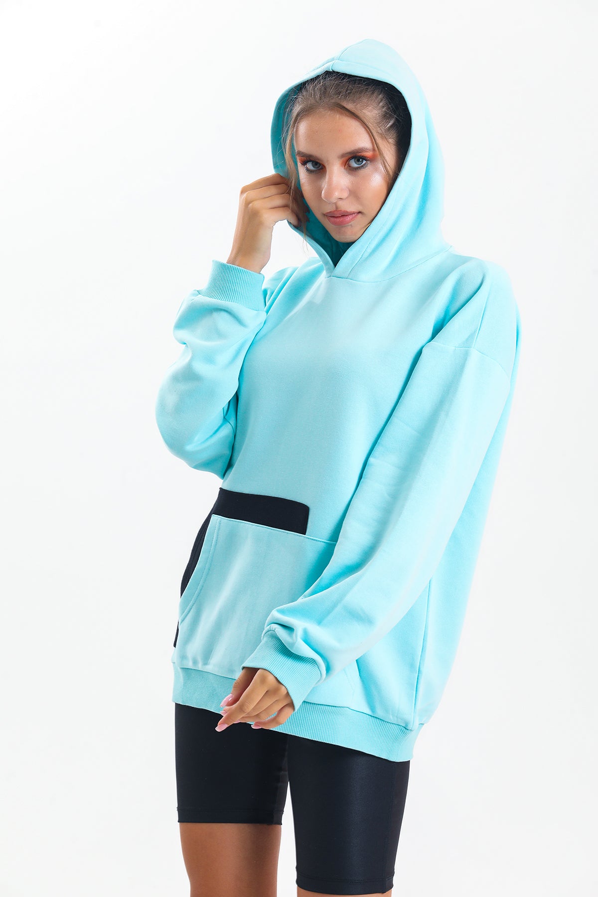 Su Yeşili Kapüşonlu Çift Kanguru Cepli Oversize Sweatshirt