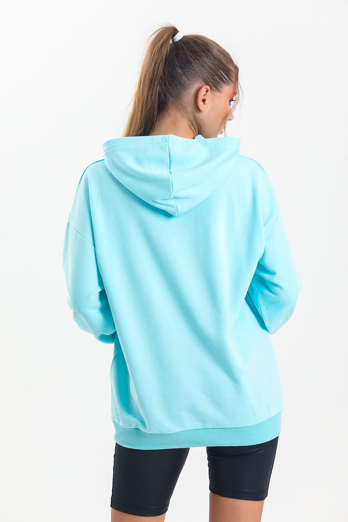 Su Yeşili Kapüşonlu Çift Kanguru Cepli Oversize Sweatshirt