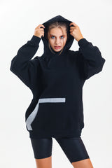 Siyah Kapüşonlu Çift Kanguru Cepli Oversize Sweatshirt