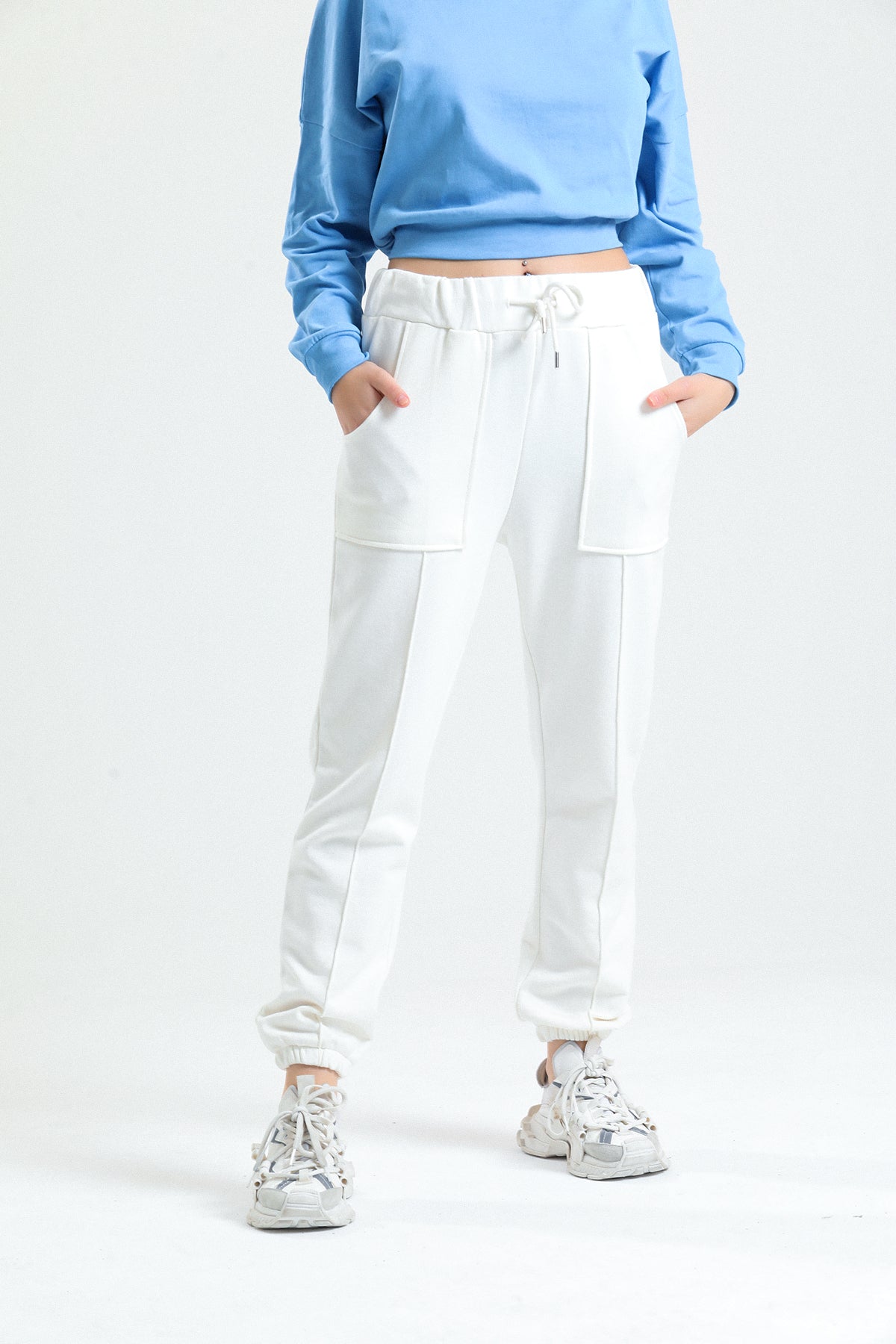 Krem Yüksek Bel Takma Cepli Paçası Lastikli Jogger Eşofman Altı