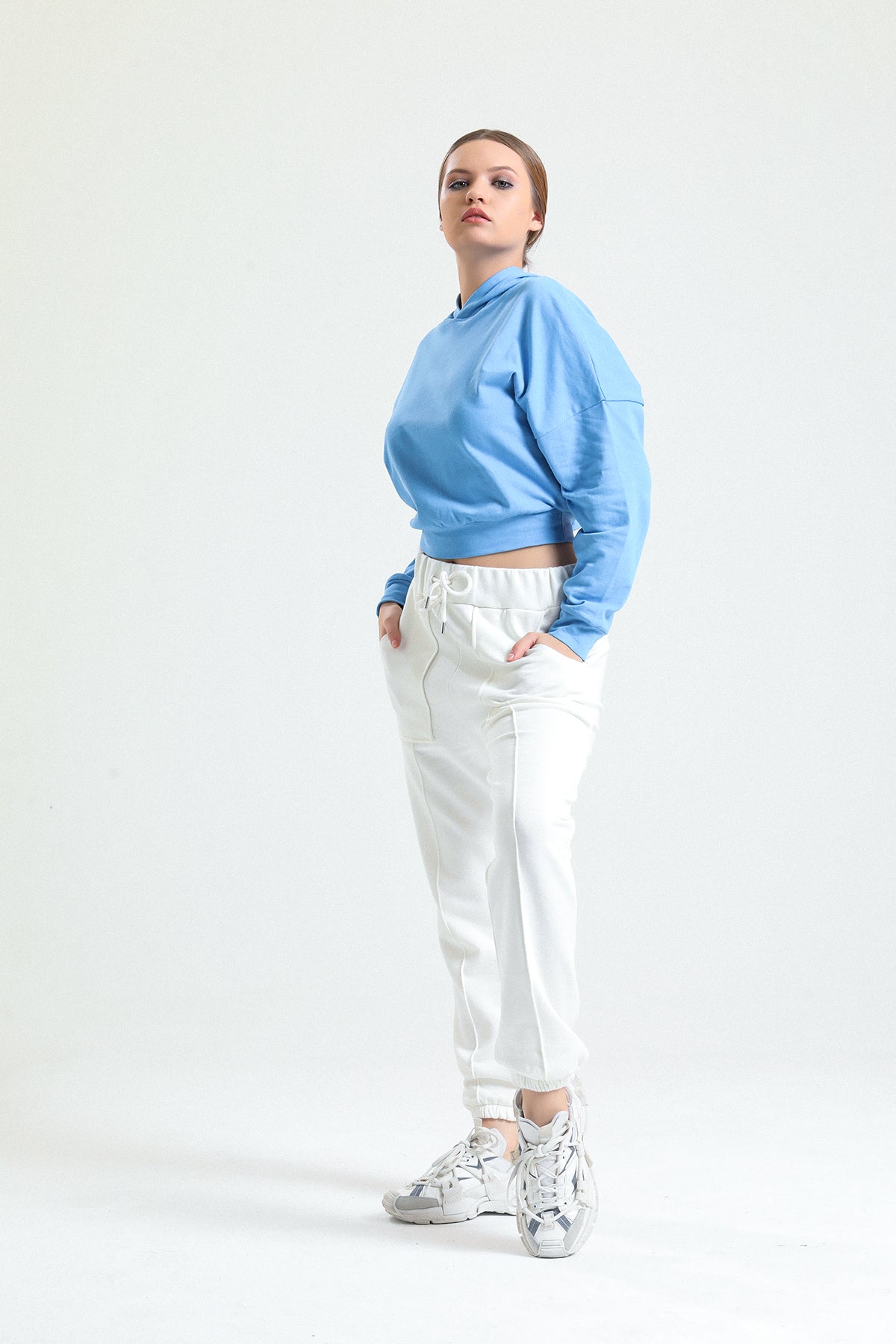 Krem Yüksek Bel Takma Cepli Paçası Lastikli Jogger Eşofman Altı