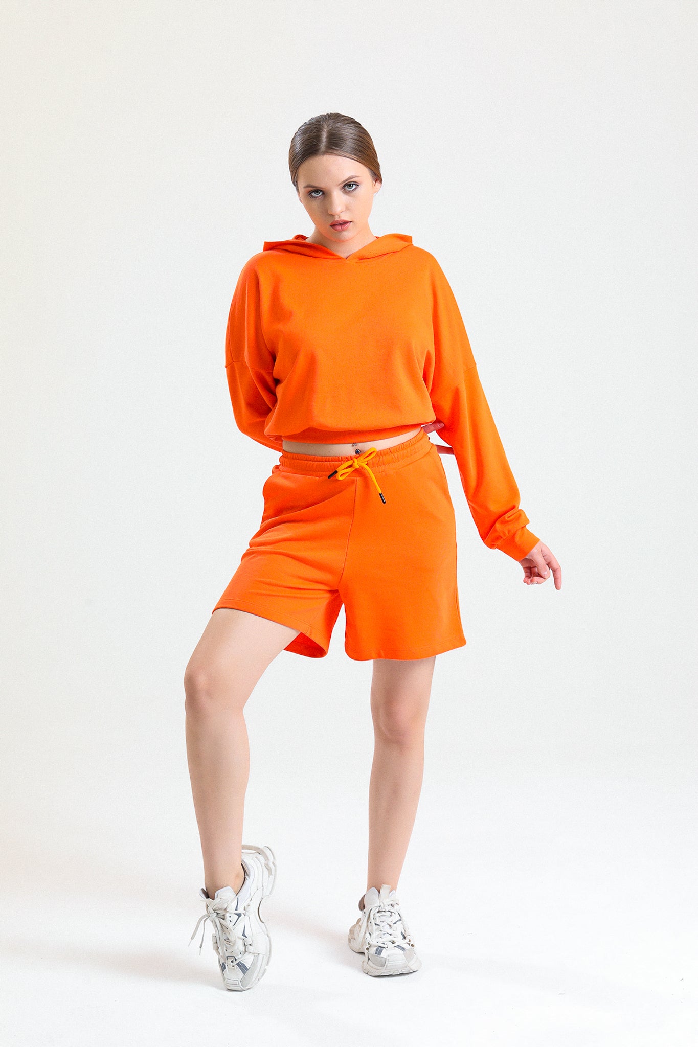 Turuncu Yüksek Bel Pamuklu Basic Rahat Sweat Şort