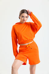 Turuncu Kapüşonlu Pamuklu Crop Sweatshirt