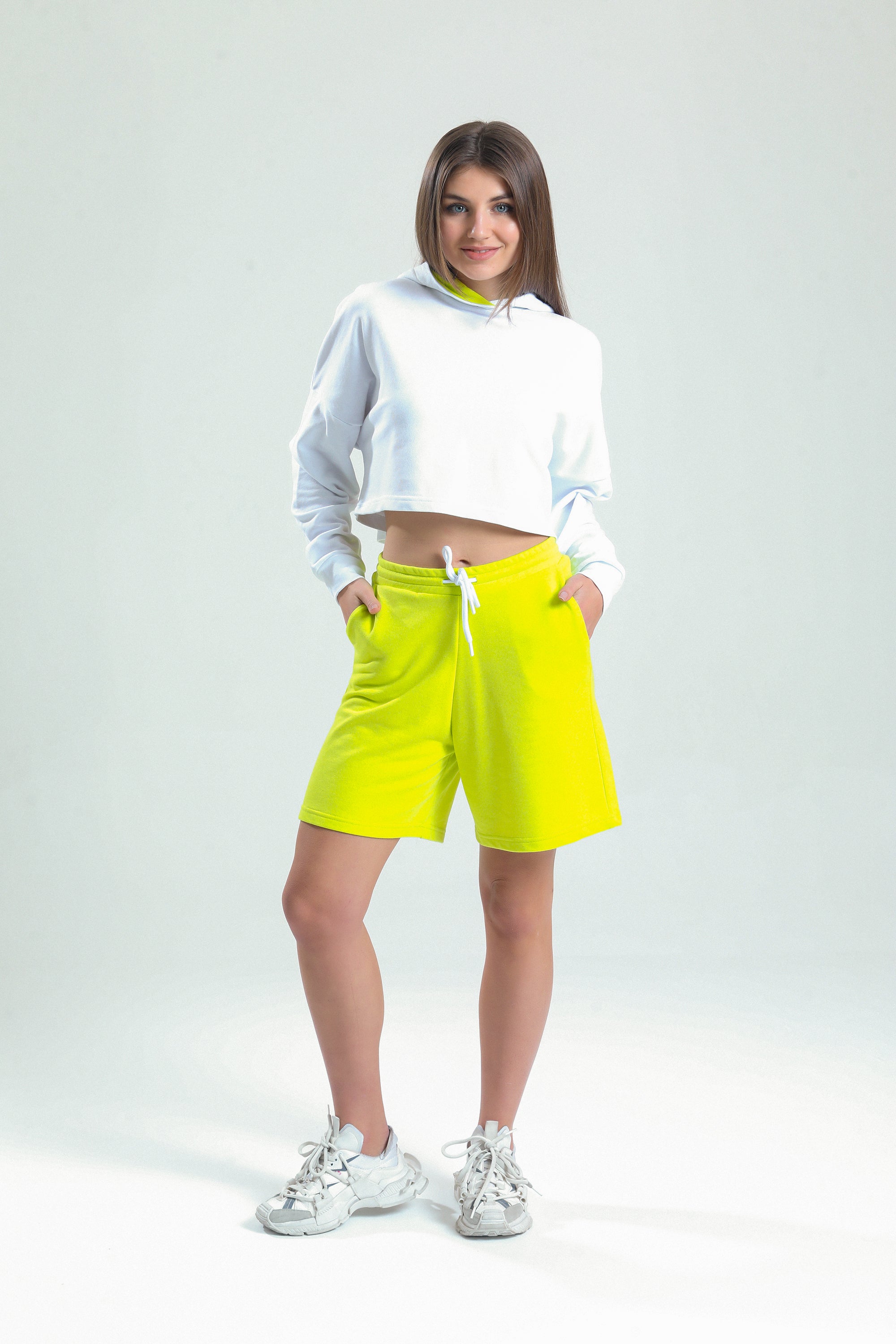 Limon Sarısı Yüksek Bel Pamuklu Basic Rahat Sweat Şort