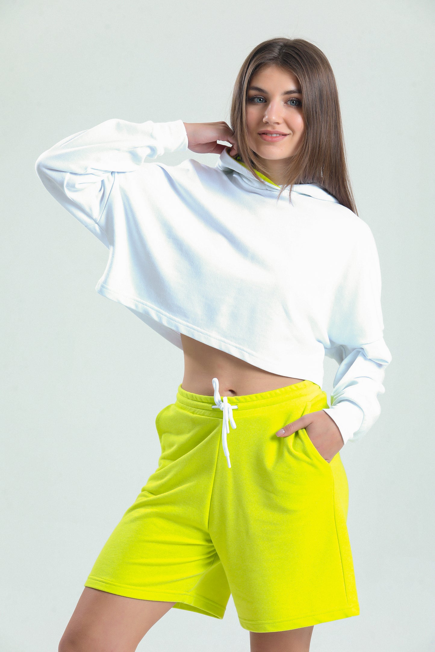 Limon Sarısı Yüksek Bel Pamuklu Basic Rahat Sweat Şort