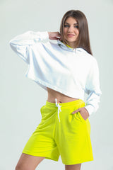 Limon Sarısı Yüksek Bel Pamuklu Basic Rahat Sweat Şort