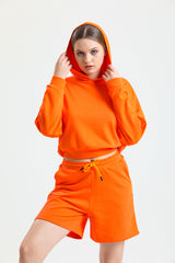 Turuncu Kapüşonlu Pamuklu Crop Sweatshirt