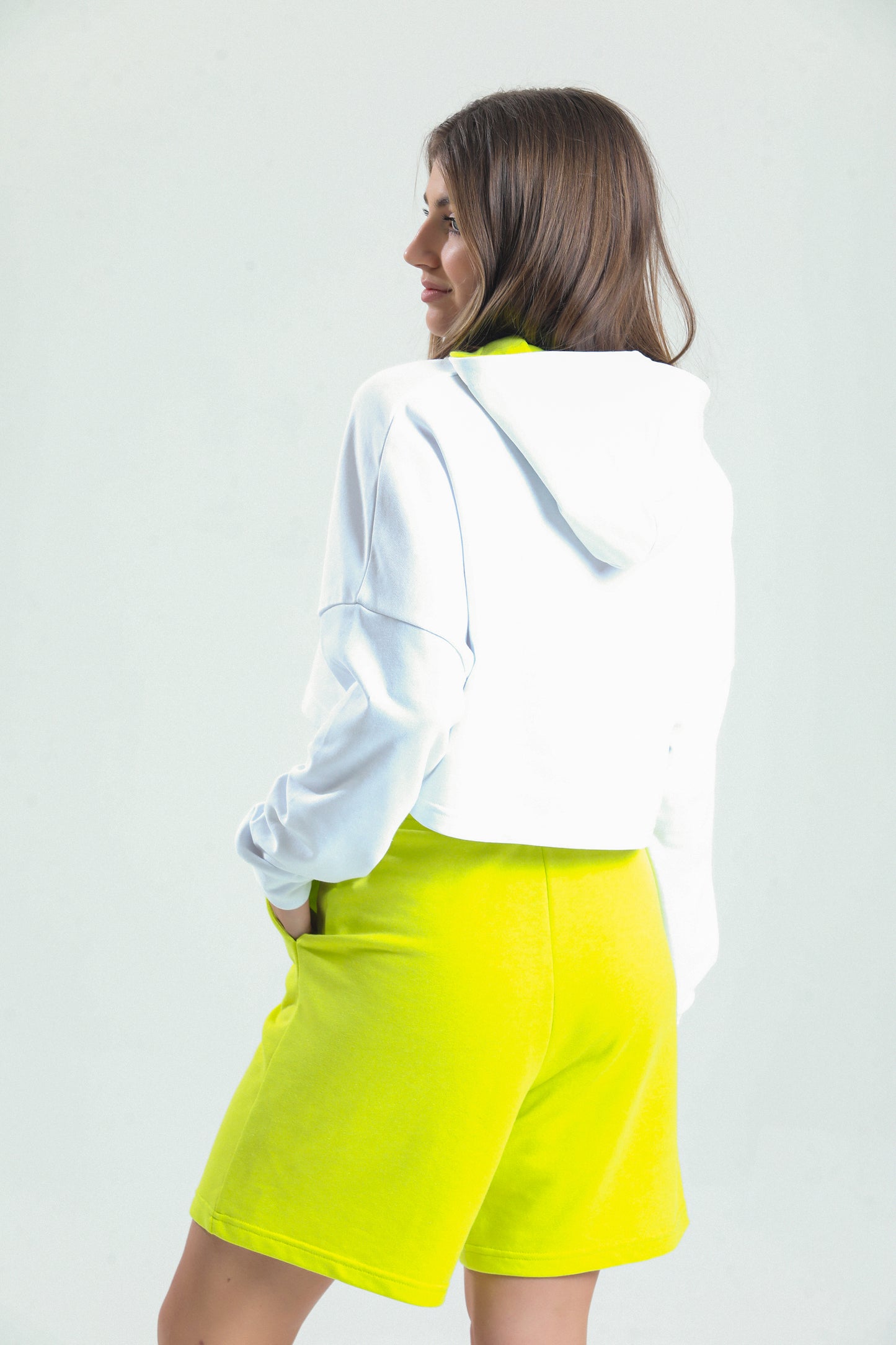 Limon Sarısı Yüksek Bel Pamuklu Basic Rahat Sweat Şort