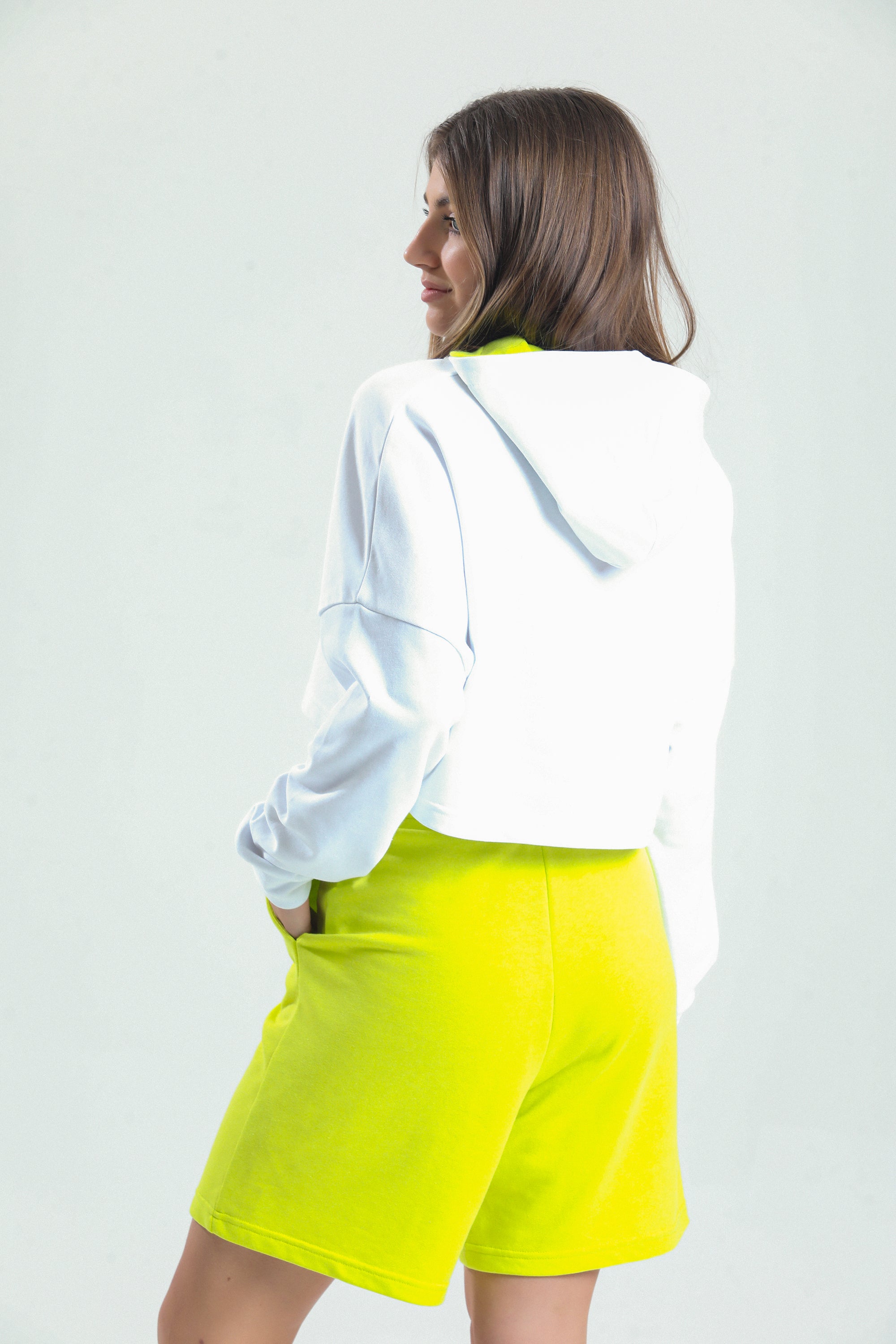 Limon Sarısı Yüksek Bel Pamuklu Basic Rahat Sweat Şort