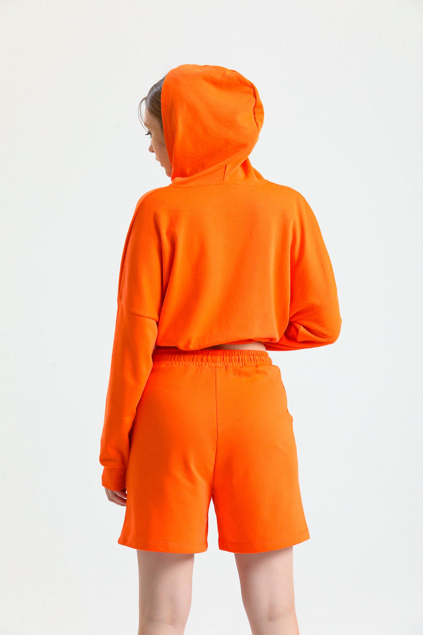 Turuncu Kapüşonlu Pamuklu Crop Sweatshirt