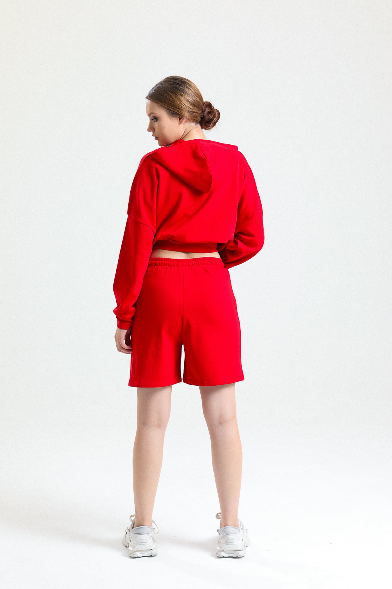 Kırmızı Yüksek Bel Pamuklu Basic Rahat Sweat Şort