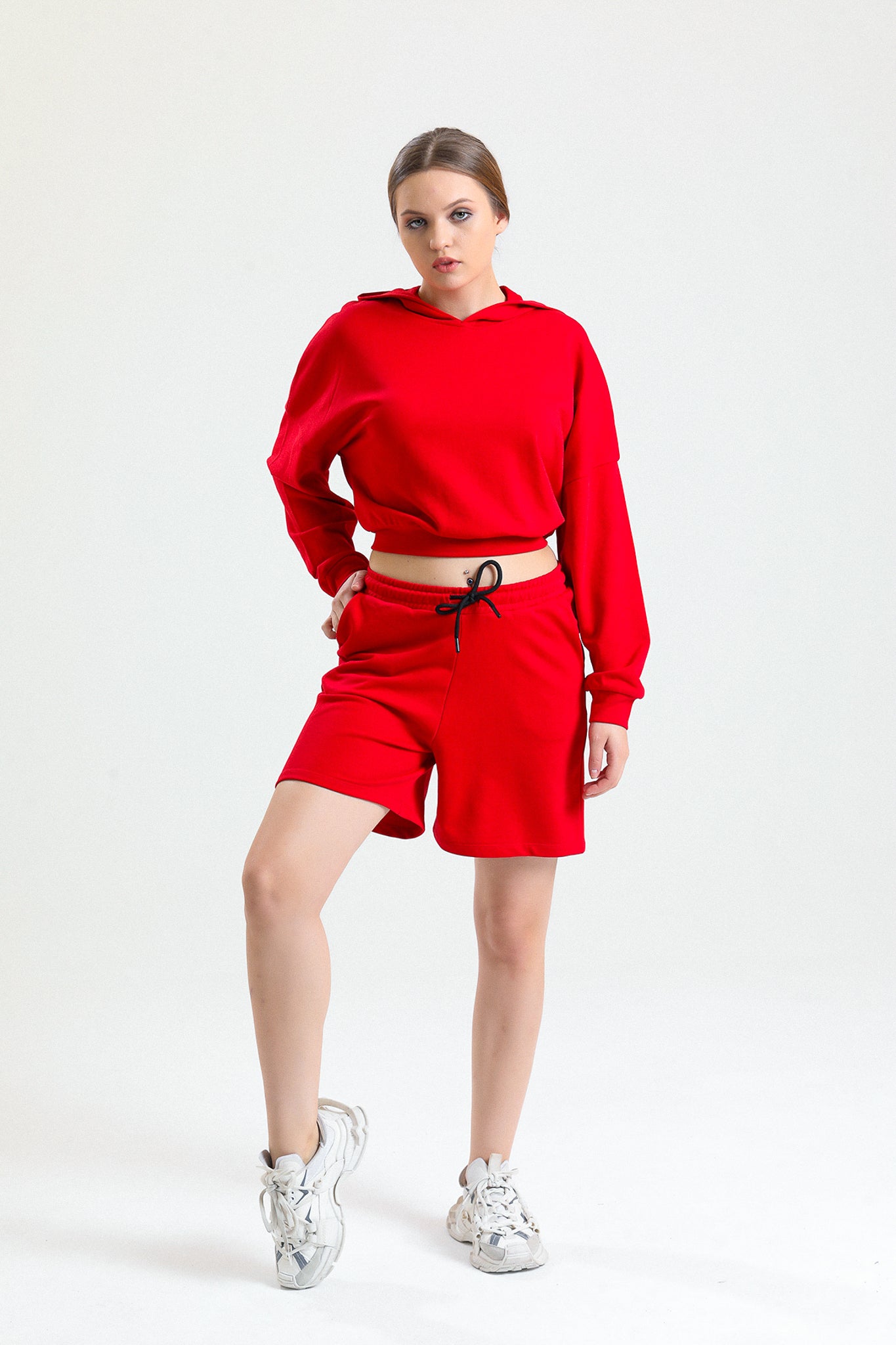 Kırmızı Yüksek Bel Pamuklu Basic Rahat Sweat Şort