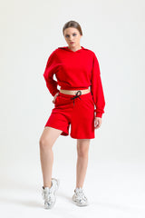 Kırmızı Yüksek Bel Pamuklu Basic Rahat Sweat Şort