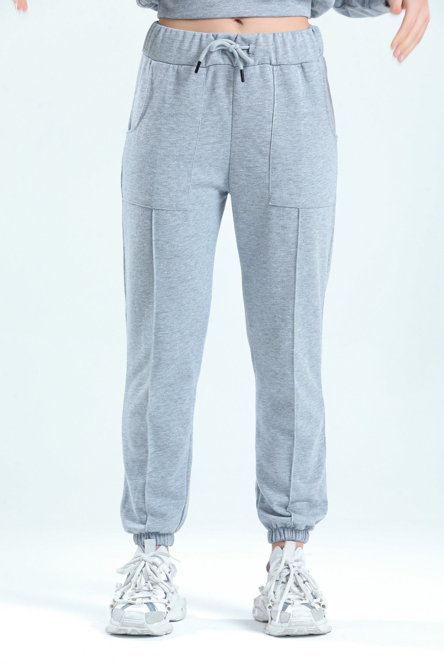 Gri Melanj Yüksek Bel Takma Cepli Paçası Lastikli Jogger Eşofman Altı