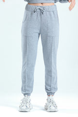 Gri Melanj Yüksek Bel Takma Cepli Paçası Lastikli Jogger Eşofman Altı