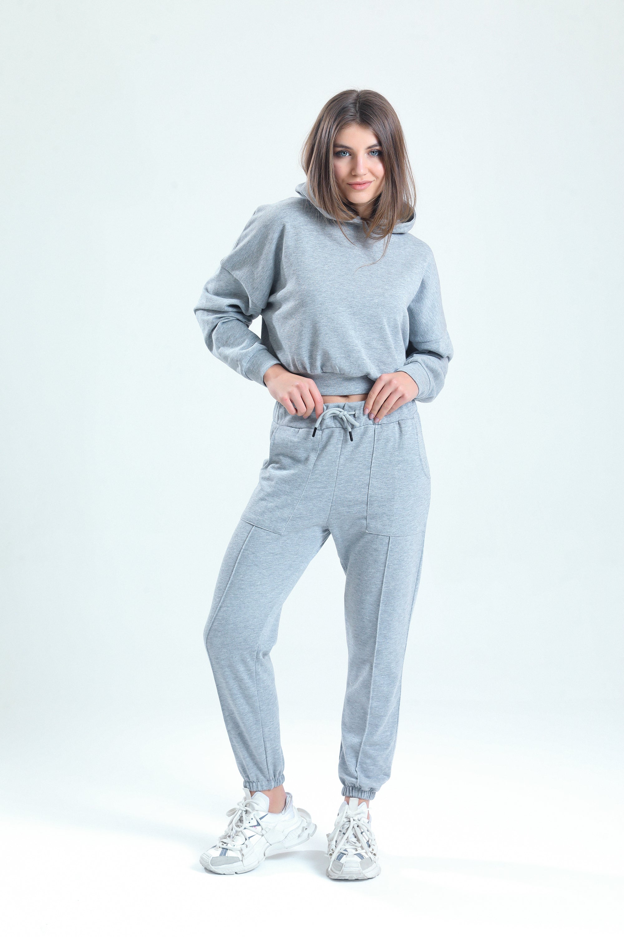 Gri Melanj Yüksek Bel Takma Cepli Paçası Lastikli Jogger Eşofman Altı