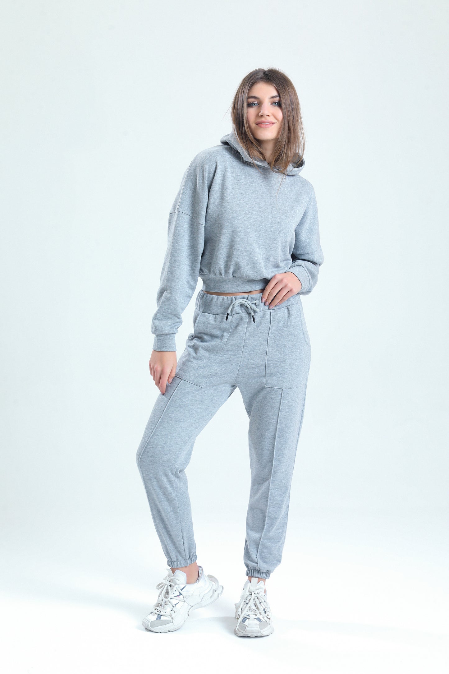 Gri Melanj Yüksek Bel Takma Cepli Paçası Lastikli Jogger Eşofman Altı