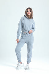 Gri Melanj Yüksek Bel Takma Cepli Paçası Lastikli Jogger Eşofman Altı