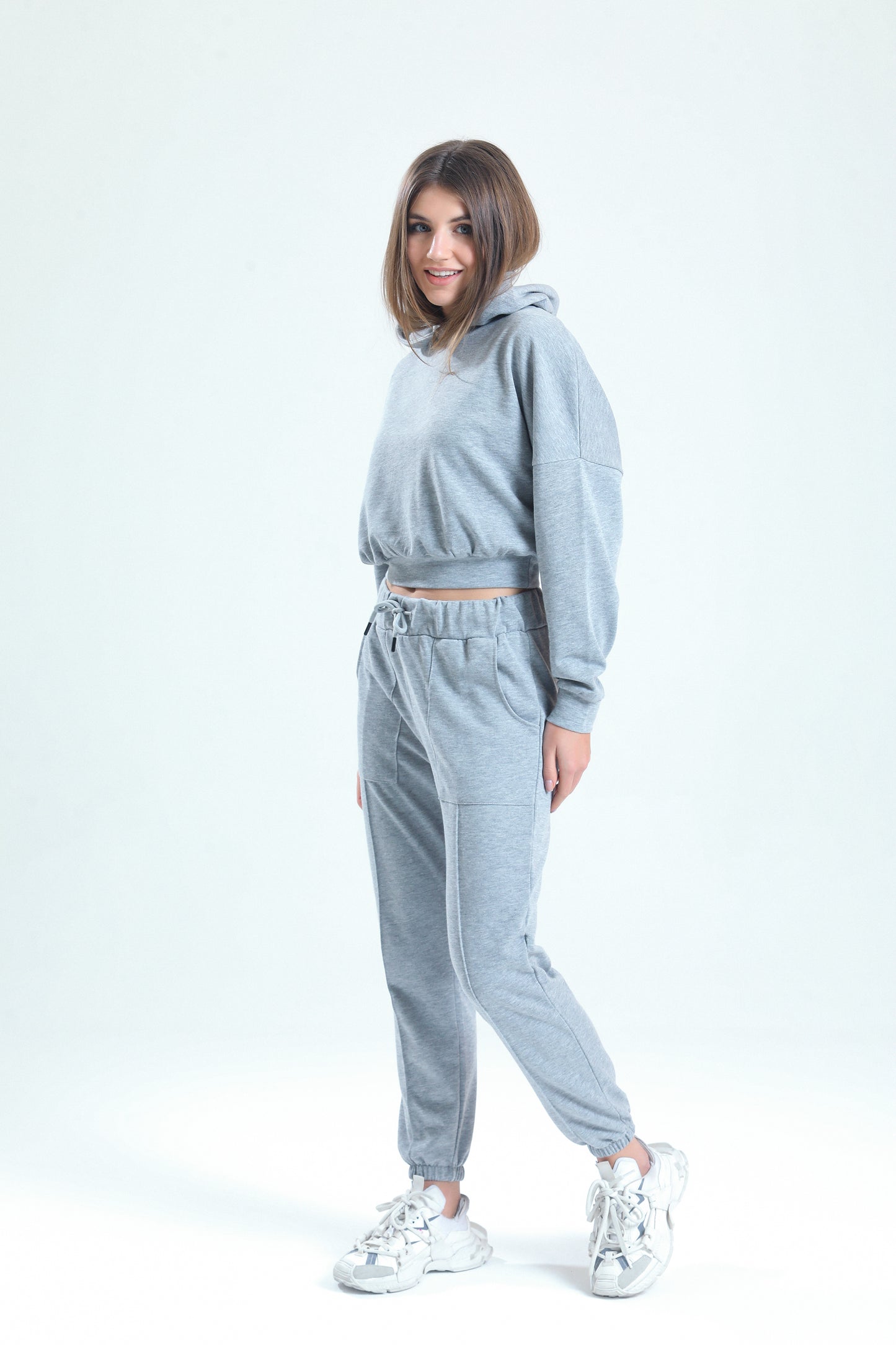 Gri Melanj Yüksek Bel Takma Cepli Paçası Lastikli Jogger Eşofman Altı