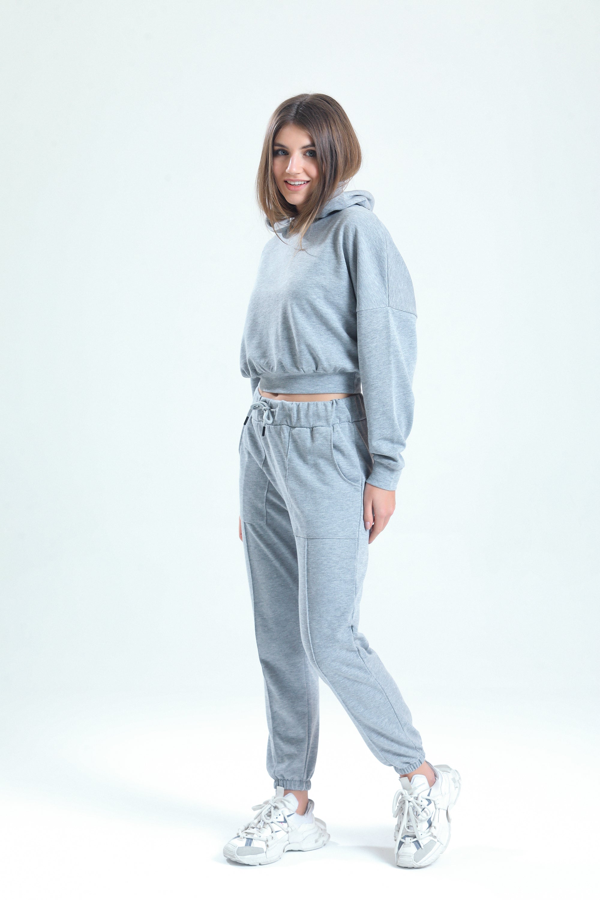 Gri Melanj Yüksek Bel Takma Cepli Paçası Lastikli Jogger Eşofman Altı